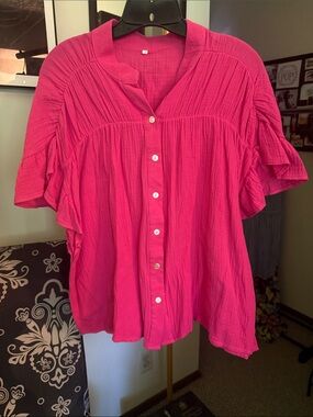 Women's Pink Button-Front Ruffled Sleeve Top